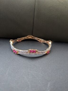 Exquisite CZ & Ruby Wavy Gold Kada Bangle – Size 2-4 (2.25")